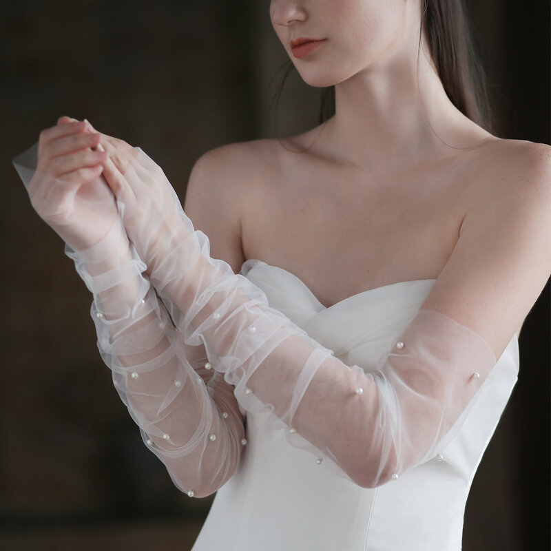 WG052 guanti da sposa senza dita bianchi/neri lunghi Tulle perle spose damigella d'onore senza maniche donne Pageant Prom Handschuh