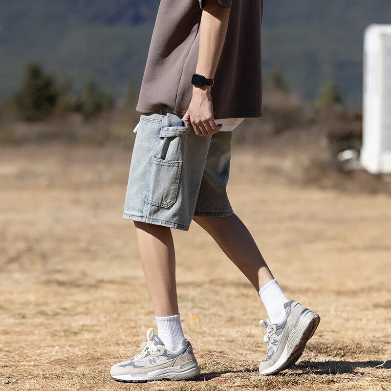 Celana pendek DENIM ผู้ชายทรงตรงแบบผูกเชือกวินเทจกางเกงขาสั้นลำลองสีพื้นทรงหลวมสำหรับฤดูร้อนใหม่2024