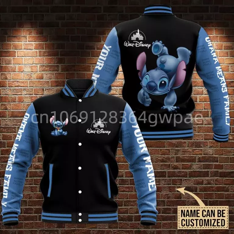 Custom Name Disney Stitch Baseball Jacket Men's Women's Casual Sweatshirt Hip Hop Harajuku Jacket Streetwear Loose Varsity Coat
