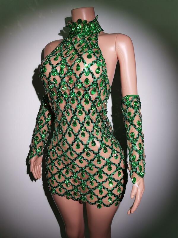 Women Sexy Green Rhinestones Outfit Set Short Dresses with Gloves Mesh Birthday Stage Evening Celebrate Club Dress Shaokaojia