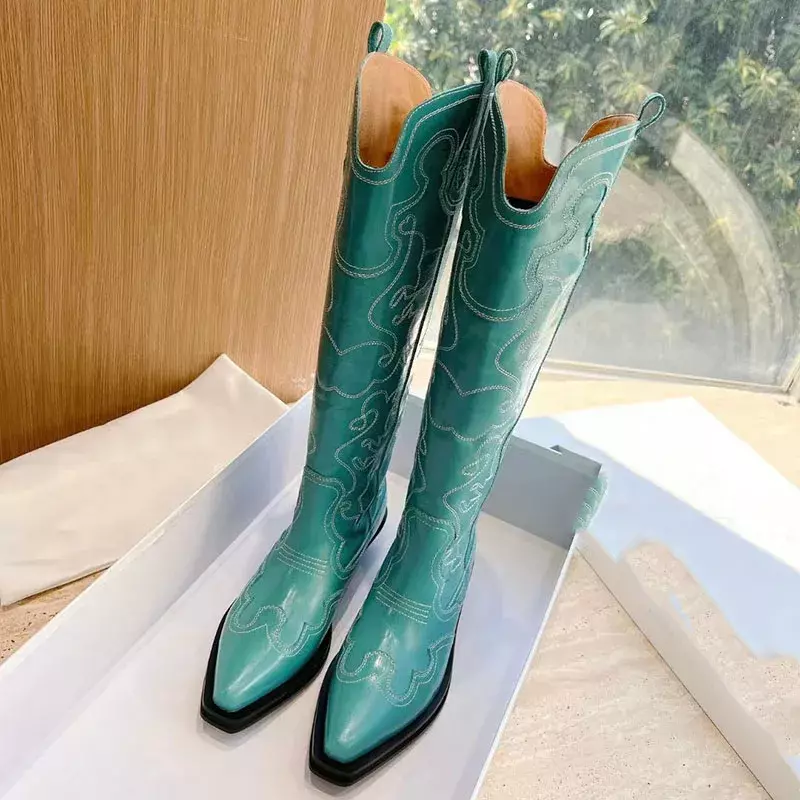 Sepatu bot kulit asli tinggi sepatu Fashion Comform Moderm untuk wanita desainer gaya jalanan jahit populer Musim Semi Autmn 2023