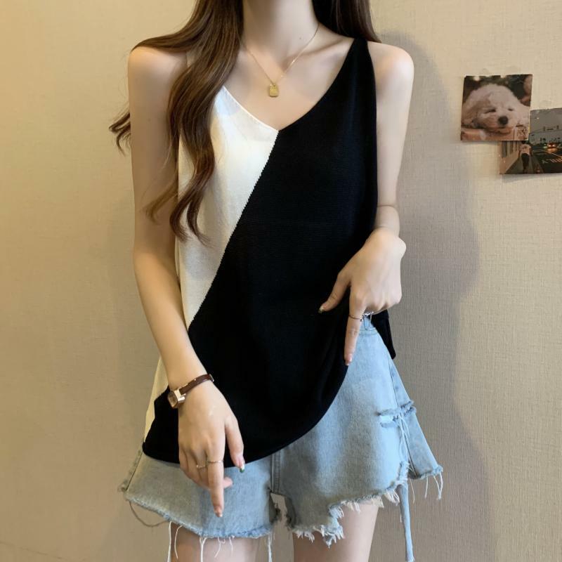 Solid Color Patchwork Tops Ladies Casual Pullovers Sleeveless Camisole Summer Simplicity Interior Lapping V-neck Women Clothing