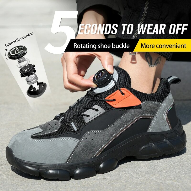 Zapatos de seguridad con botón giratorio para hombre, zapatillas de trabajo con punta de acero, protección antigolpes, botas de seguridad a prueba de perforaciones