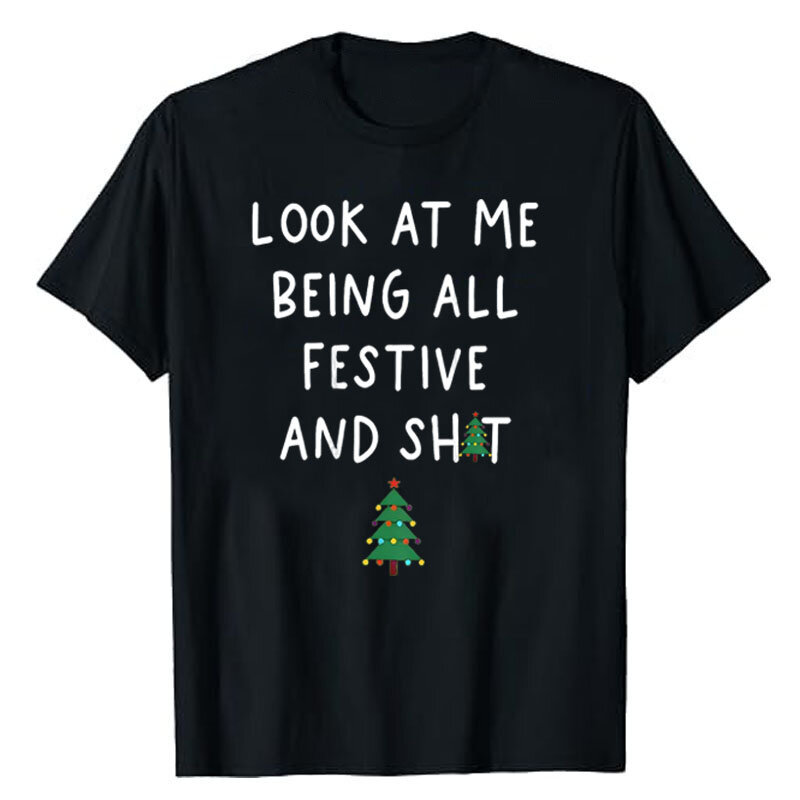 Engraçado Natal Árvore Imprimir Roupas Gráficas, T-Shirt Festivo, Traje De Natal De Férias, Tee Tops, Dizendo Tops, Olhe Para Mim