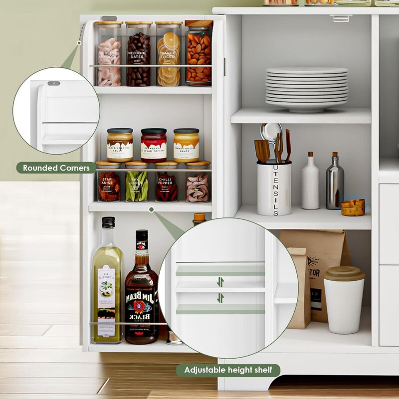Armario de Buffet con almacenamiento, armario de almacenamiento de cocina con cajones y estante ajustable, aparador con soporte para microondas