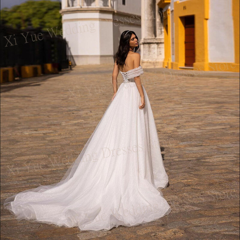Böhmen glänzende Tüll Brautkleider modern eine Linie eine Schulter schnüren Brautkleider mit hohen sexy Seite Split Vestidos de Noivas