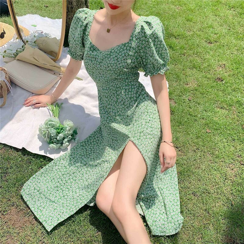 Damen Boho Beach Sommerkleid Sommer Vintage lässig Blumen druck Kleid elegant locker V-Ausschnitt Kurzarm Seite Split Kleid