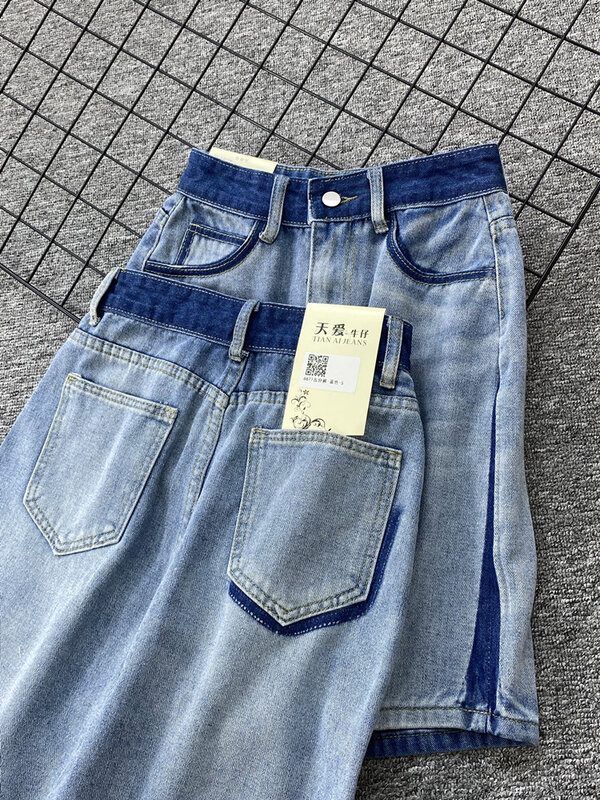 بنطلون جينز أزرق عالي الخصر صيفي للسيدات بنطلون جينز ضيق مقاس A Line Y2k غير رسمي ملابس الشارع الشهير Harajuku سروال قصير كبير الحجم