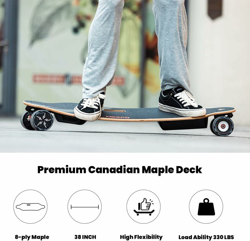 MEEPO Skateboard elektrik V5, Skateboard dengan Remote, kecepatan atas 29 Mph, rem halus, desain pegangan mudah dibawa, cocok untuk orang dewasa