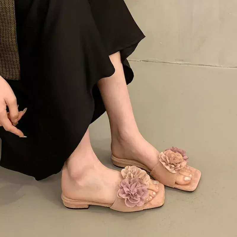 Zapatillas planas elegantes para mujer, sandalias a la moda con flores, zapatos de lujo, sandalias de diseñador, zapatillas de verano