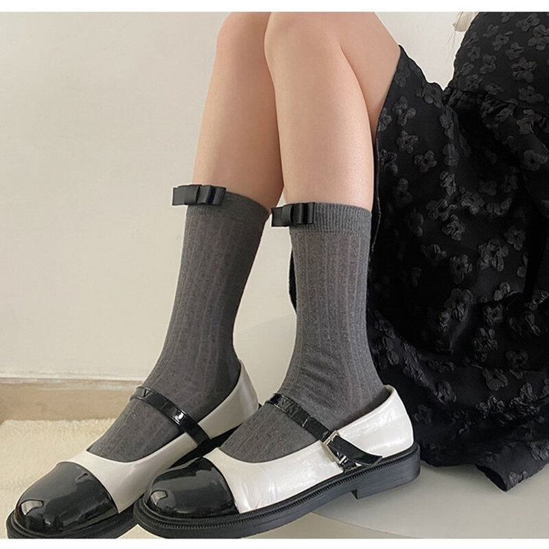 Calcetines de algodón con lazo para niña, medias de tubo medio, estilo universitario coreano, Lolita, rayas simples, Harajuku japonés