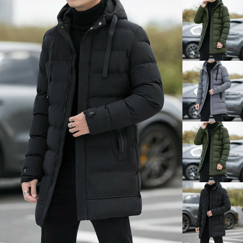 Winter Men's Padded Coat Warm Cotton-padded Jacket Solid Color Zipper Hooded Casual Outwear Male Outdoor Warm Clothes