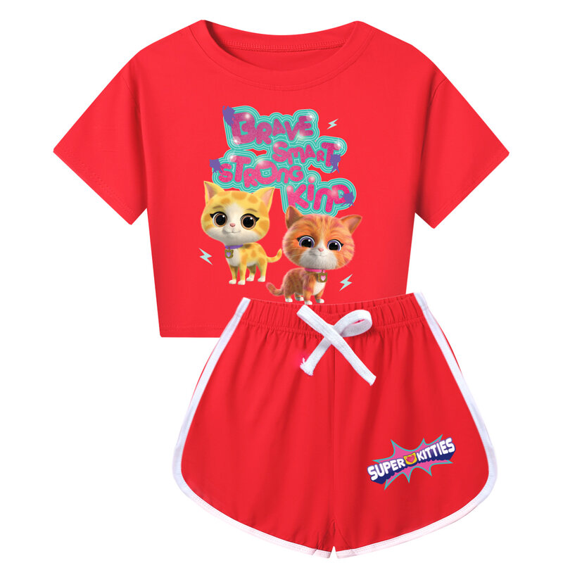 Nowe ubrania Superkitties dla dzieci 2024 dresy z kreskówek nastoletni chłopcy na co dzień kombinezon sportowy niemowlęta dziewczynki Super koty t-shirt szorty 2 sztuki zestawy