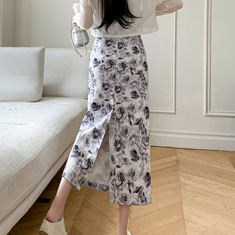 Luxury French Vintage Rose Printing Midi Skirt For Women's Summer Elegant High Waist Wrap Hip Mid Length Split A-line Skirt