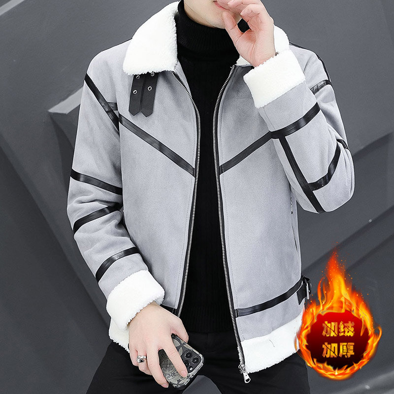 2023 Autumn and Winter Plus Velvet Padded Motorcycle Leather Jacket Fashion Artificial Faux Fur Clothing Windproof Coat Warm C72