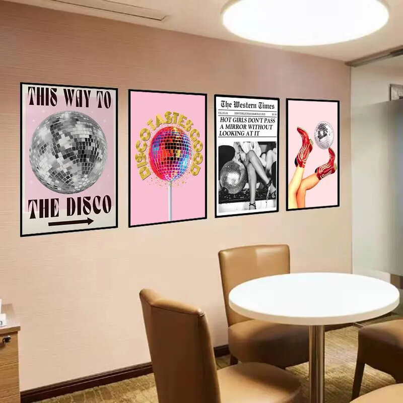 Disco Bal Dansvloer Disco Party Poster Zelfklevende Kunst Poster Retro Kraft Papier Sticker Diy Room Bar Café Vintage Decoratief