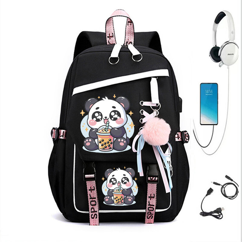 Students Backpack Casual Nylon Shoulder Bag Panda Boba Tea Anime Kawaii Bookbag Fashion Travel College Bagpack Laptop Usb Bags