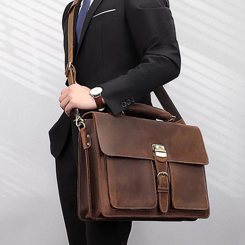 Genuine Leather Men Business Briefcase Cowhide Fit 15" Laptop Bag Cow Leather Messenger Shoulder Bag Compute Bag For Male
