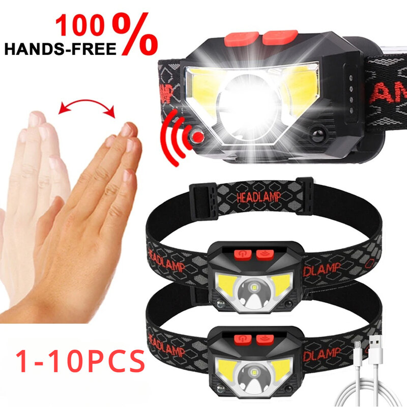 Poderoso sensor de movimento farol LED, USB recarregável cabeça tocha, lanterna impermeável, camping, caminhadas, pesca