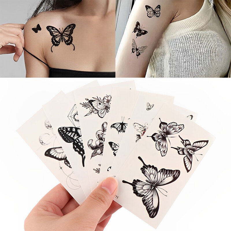 Pegatinas de tatuaje temporal a prueba de agua para hombres y mujeres, tatuaje Flash de transferencia Kawaii, mariposa, rosa, cuello, mano, arte corporal, tatuajes falsos