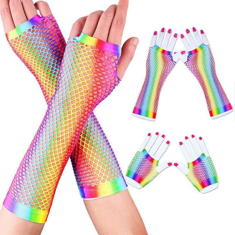 1pair Rainbow Color Ladies Sexy Mesh Net Fishnet Gloves Women Hollow Out Holes Fingerless Gloves Lady Disco Dance Costume Mitten