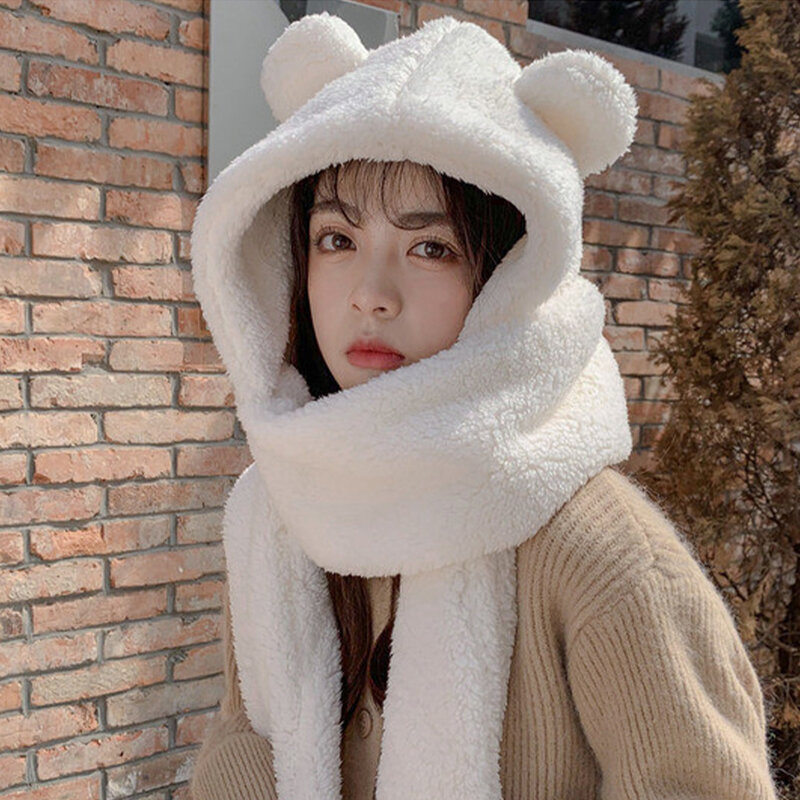 Fashion Winter Women Cute Beanies Caps Warm Bear Ear Hat Casual Plush Hat Scarf Set Casual Solid Women Caps