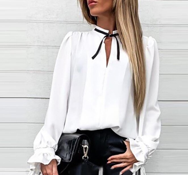 New Casual White Lace Up with Wooden Ear Edge Loose Fitting Shirt for Women's Fashion Bestsellers In Stock