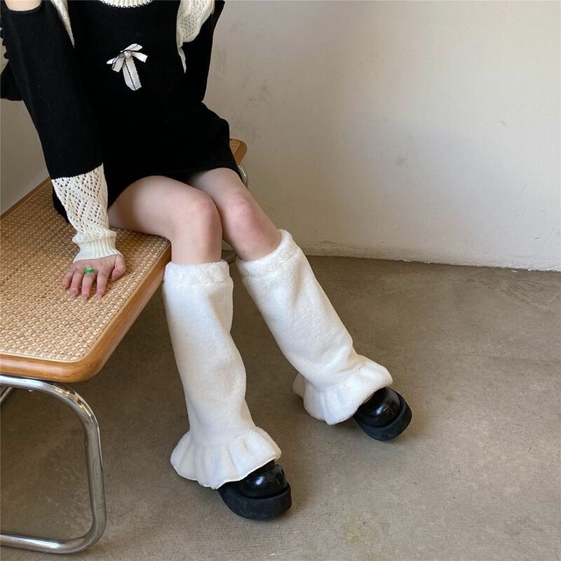Japonês pelúcia babados perna meias para mulheres, perna aquecedores capa, estilo Harajuku, veludo pé aquecedor, inverno, novo