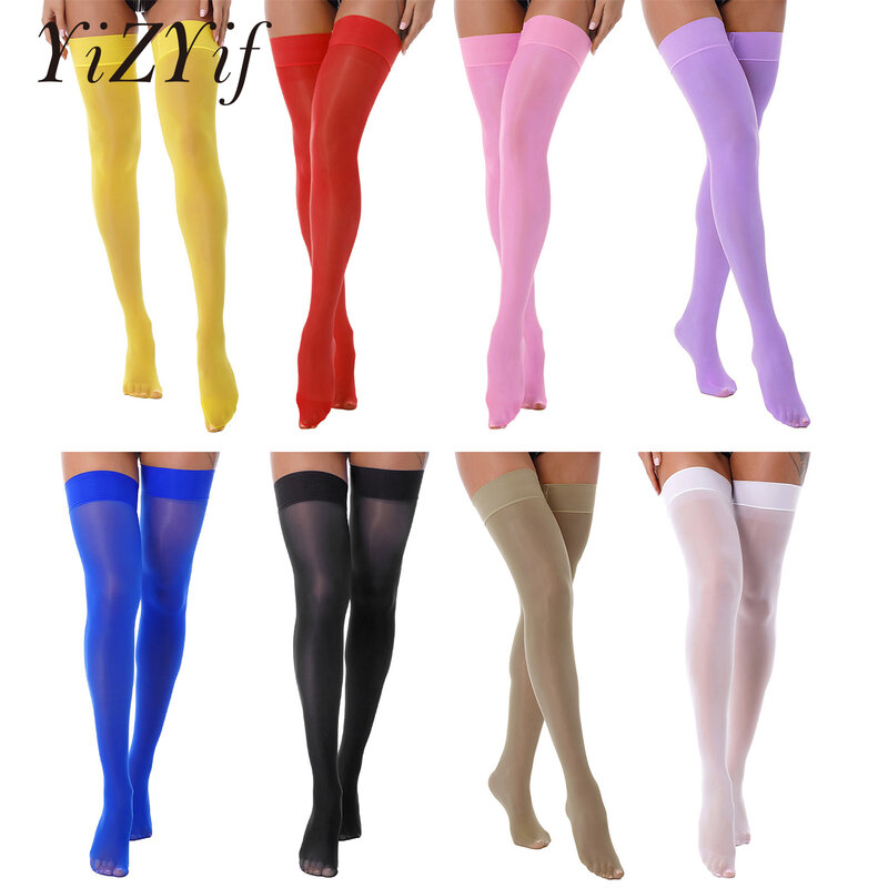 Womens Glossy See-through Stockings Ultra Thin Oil Shiny Solid Color Elastic Sheer Thigh High Socks Sexy Hosiery Lingerie
