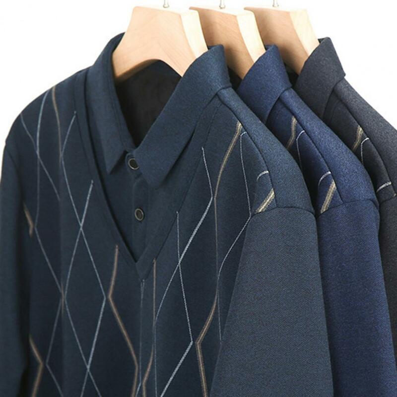 Suéter falso de dos piezas con estampado de rombos para hombre, Jersey de punto cálido, ajuste delgado para mediana edad, Otoño e Invierno