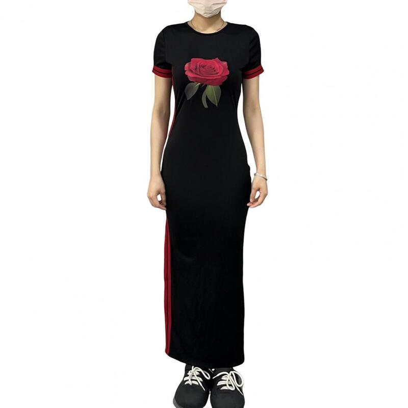 Женское платье с Боковым Разрезом и принтом розы, облегающее Повседневное платье с круглым вырезом и коротким рукавом, повседневная одежда