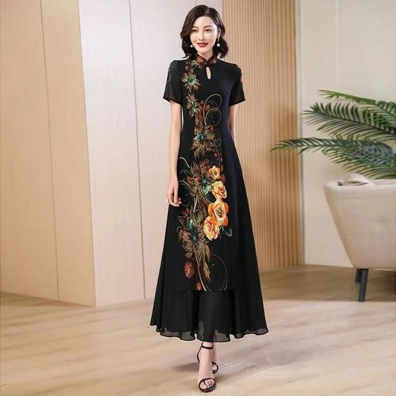 Nowe czarne długie Qipao tradycyjna chińska odzież modne nowoczesny chiński damskie sukienki dla kobiet Cheongsam a-line Ao Dai