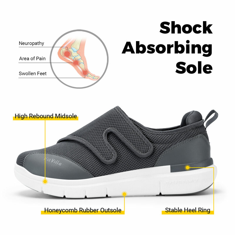 FitVille sepatu diabetes ekstra lebar, sepatu Slip-on ortopedi dan penutup dapat disesuaikan dengan bantalan dukungan lengkungan