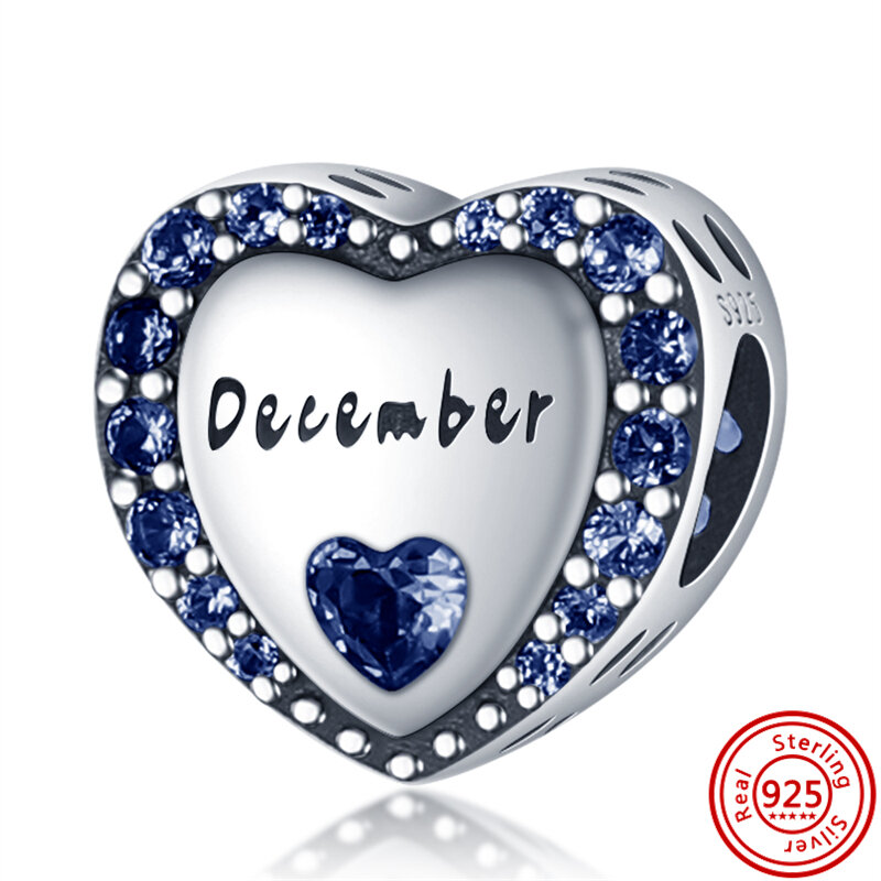 Nuovo 925 argento 12 mesi un anno zircone colorato A forma di cuore lucido perline fai da te Fit originale Pandora Charms braccialetto gioielli da donna