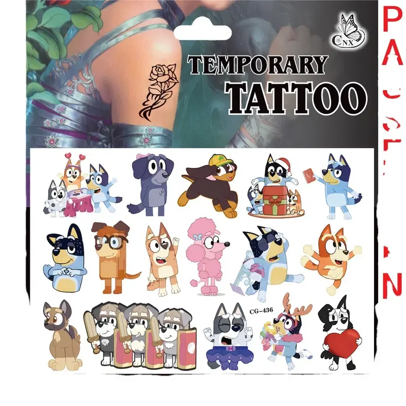 Pegatinas de tatuaje Bluey impermeables, pegatina linda de Anime, fiesta de cumpleaños divertidos para suministros, decoración, regalo para niños