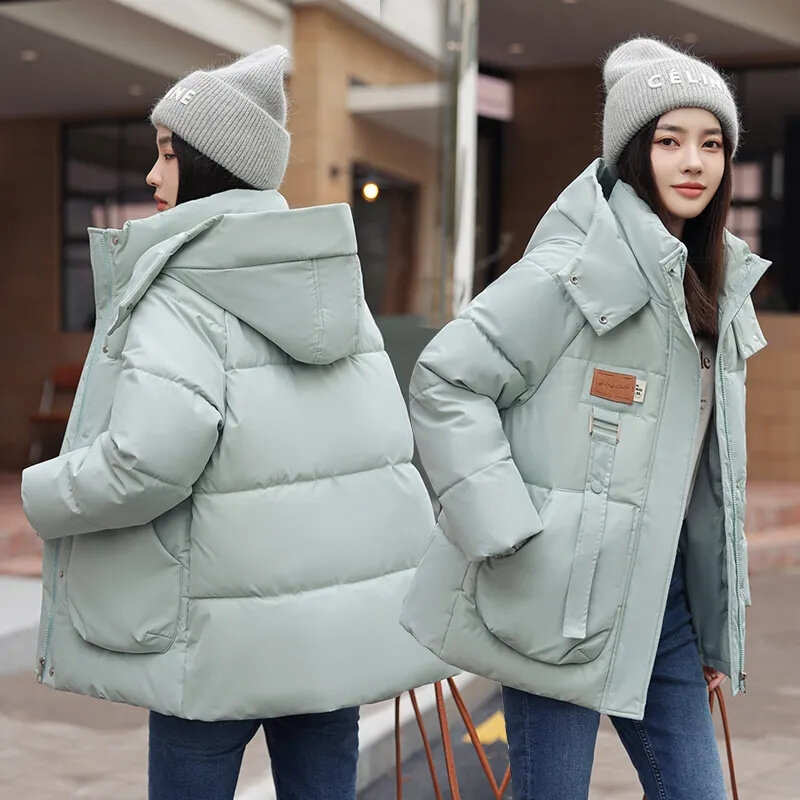 2023 New Winter Thick Cotton Padded Coat Women Fashion Hooded Long Sleeve Oversize Loose Short Jacket Female Warm Parkas