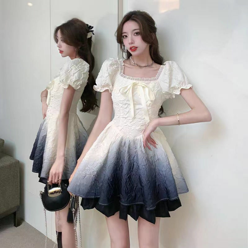 Корейское милое платье-фонарик с градиентом, летнее приталенное платье маленького размера для принцессы, новинка 2024