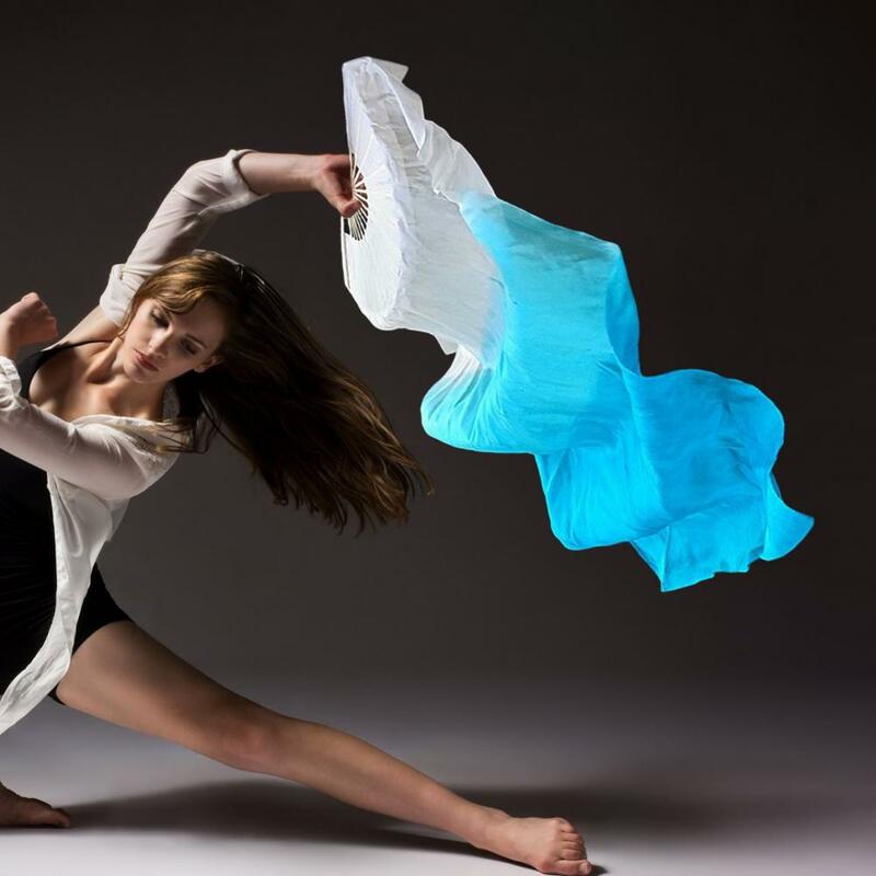 Ventilador de seda cor gradiente dançante para mulheres, fãs gradiente tingidos, adereços de dança, longa imitação, prática dançarina, comprimento 150cm, 1 par