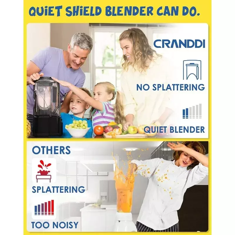 CRANDDI Quiet Commercial Blender com escudo insonorizado, Liquidificadores Profissionais para Cozinha, Lançador 80oz, 2200 W