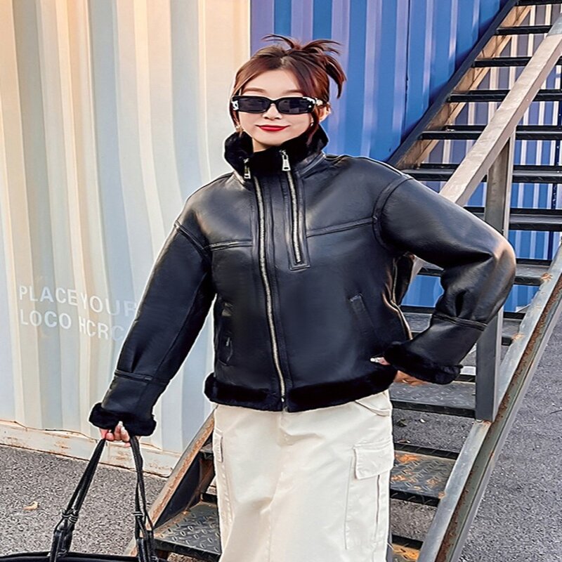 New Winter Women Thick Real Fur Motorcycle Biker Warm Wool Lining Coat Genuine Leather Jacket Natural Shearling Overcoat