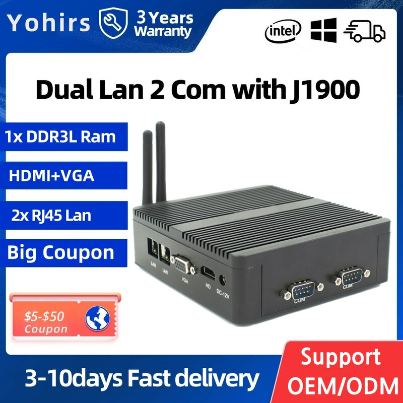 팬리스 산업용 미니 PC 셀러론 J2900 J1900 2 * LAN 2 * RS232 Com HD VGA 듀얼 디스플레이, Win10 리눅스 미니 견고한 컴퓨터, 저렴한 가격