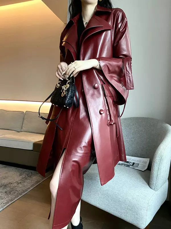 Women's Lace-up Temperament Coat Suit Collar Bell Sleeve Trench Coat Sheepskin Genuine Leather Clothes