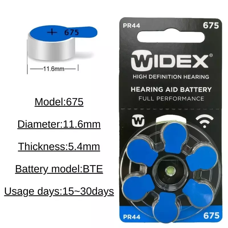 Caja de baterías de Zinc Air para audífonos Widex, tamaño 675, A675, 675A, azul, PR44, 60 celdas