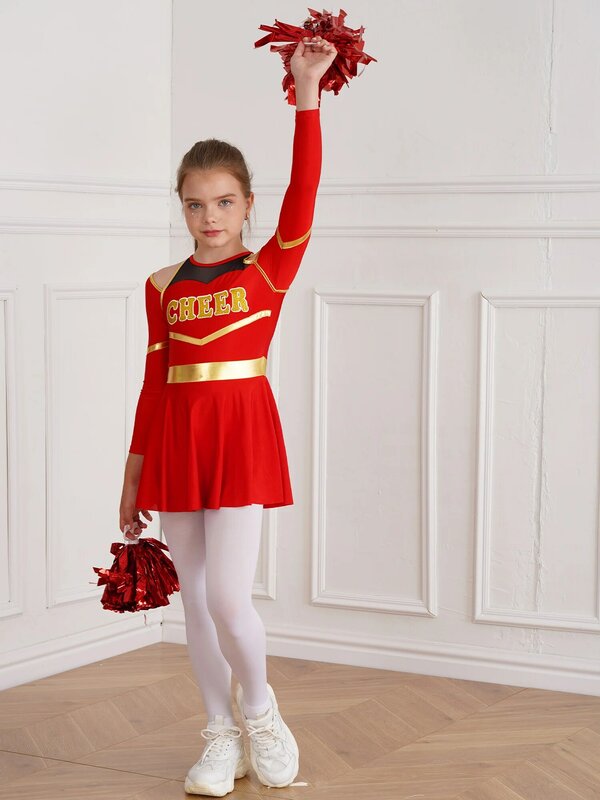 Kostum pemandu sorak anak perempuan, seragam Cheerleader Halloween lengan panjang gaun tari senam dengan Pom Pom Stocking ikat rambut