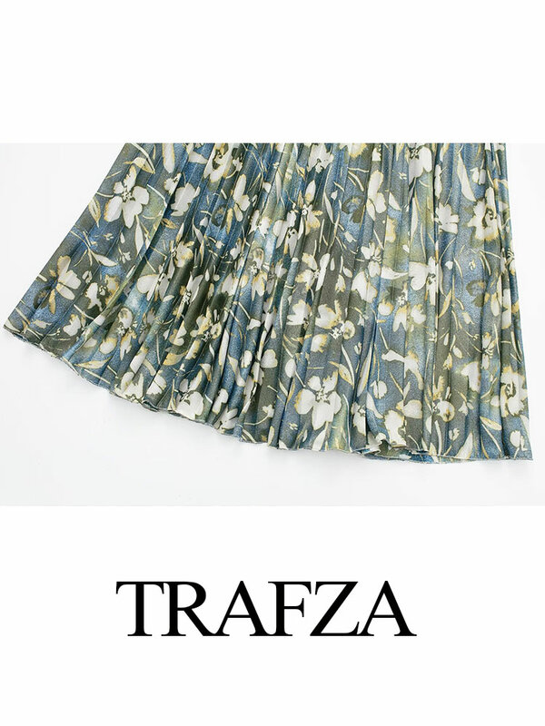 TRAFZA-Fato de saia feminino estampado em flor metálica, camisa de mangas compridas, cintura alta, saia plissada midi, vintage feminino, primavera, 2022