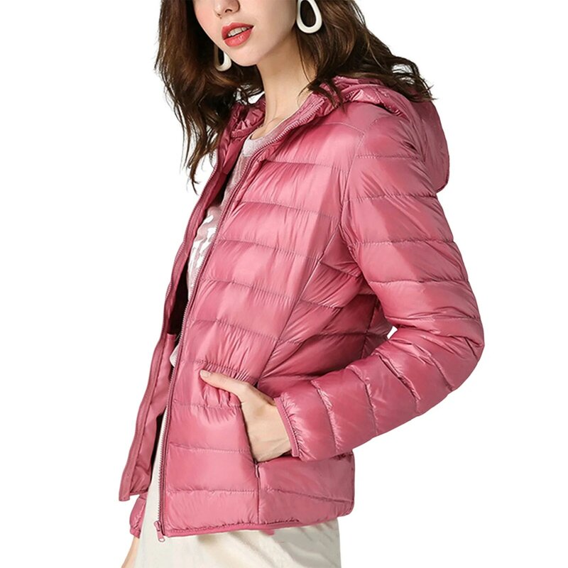 Jaket kerah berdiri bertudung mewah wanita, jaket hangat warna polos ukuran besar untuk pergi belanja