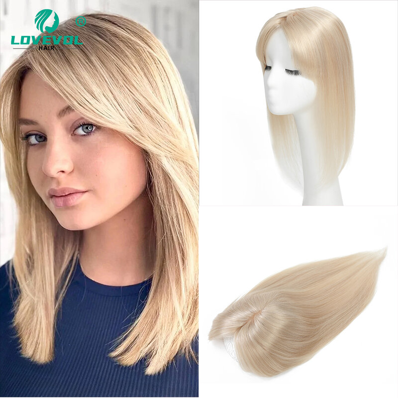 Lovevol 12*13CM Base Size Straight Hair  Topper For Women Real Human Hair With Bangs  T-Part Lace Hairpieces For Thin Hair
