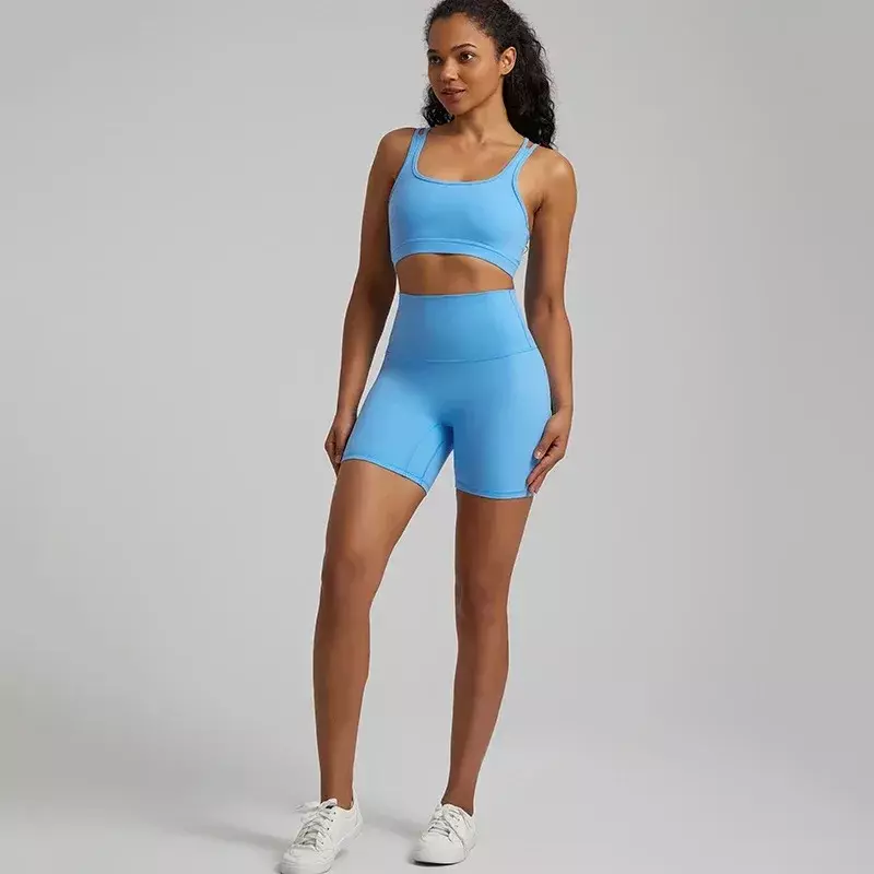 Lemon Soft Women Sport Suit High Waist Shorts Cross Fitness Bra 2pc Short Legging Yoga Set Gym Workout Training Hollow Out