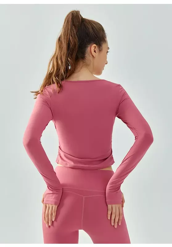 Ropa de Yoga holgada con cuello en V, Camiseta deportiva delgada de manga larga con dobladillo de arco para mujer, Top transpirable de secado rápido para Fitness