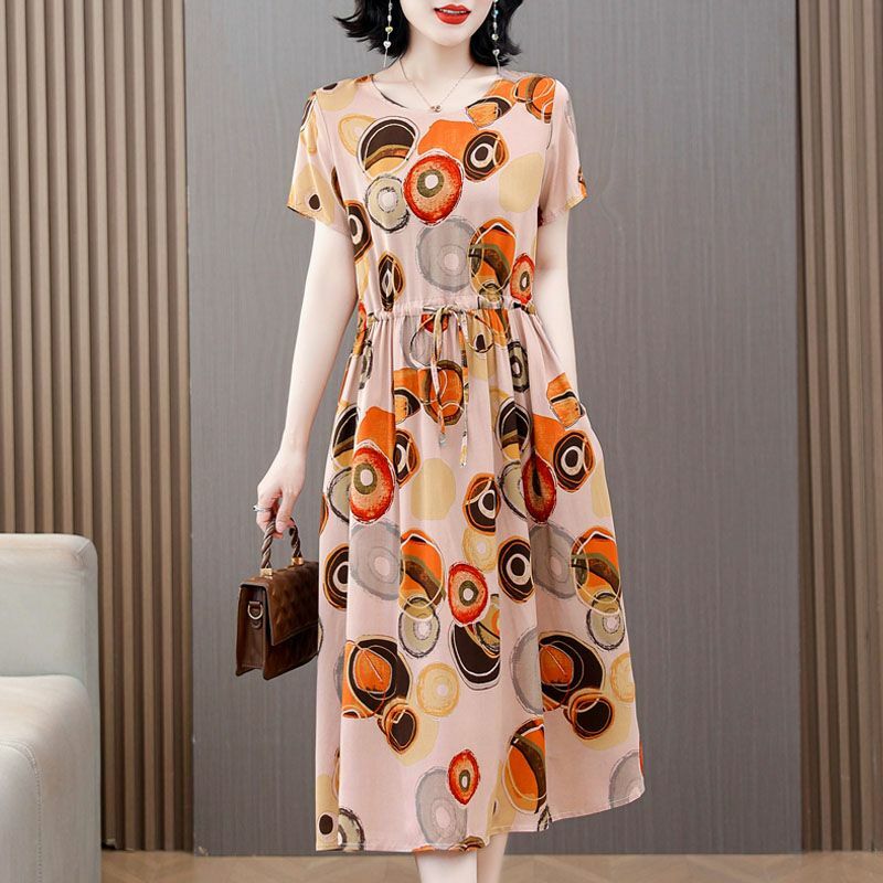 Moda O-Neck kieszenie z nadrukiem marszczenie bandażowa sukienka w stylu vintage odzież damska 2024 letnia nowa luźna biurowa, damska sukienka w kwiaty